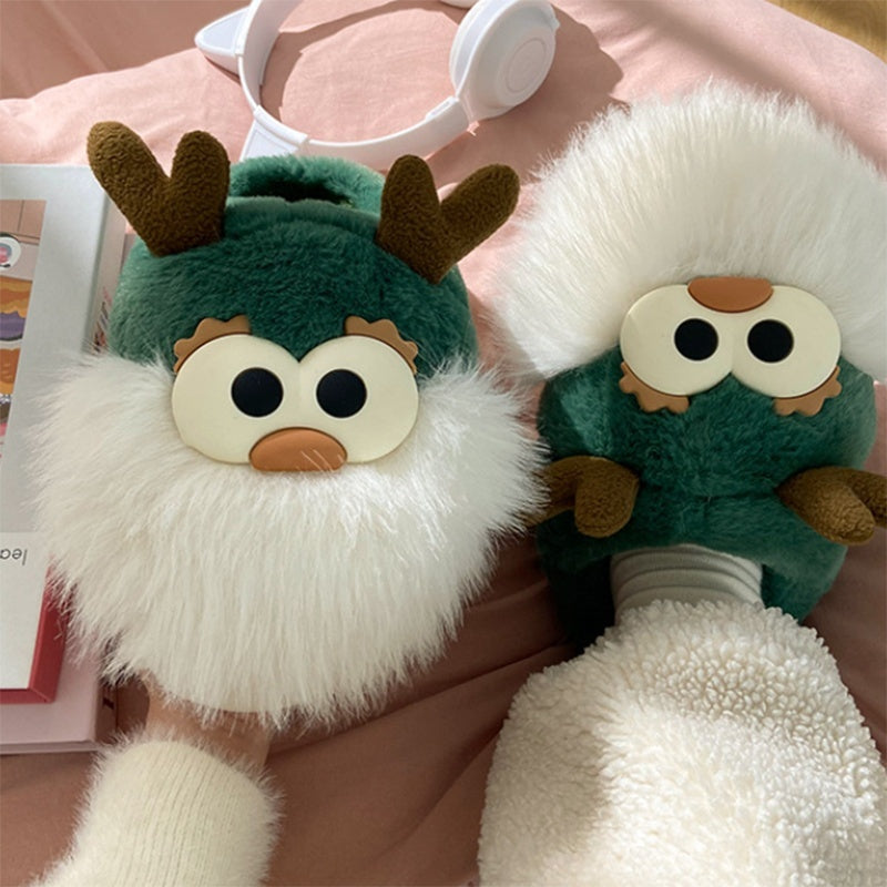 Whimsical Reindeer Santa Claus themed Green and White Slippers-Theone Apparel
