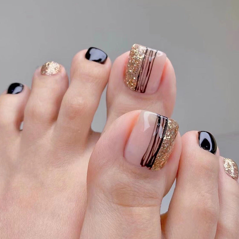 Women's Elegant Champagne, Gold and Black Nail Set-Black/Gold-Theone Apparel