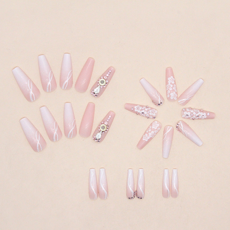 Women's Long Coffin Shape Fake Nails with Floral and Jewel Adornments-Theone Apparel