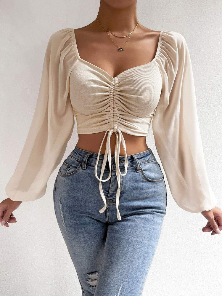 Women's Loose Fitting Billowy Sleeved Off the Shoulder Blouse-Beige-Theone Apparel