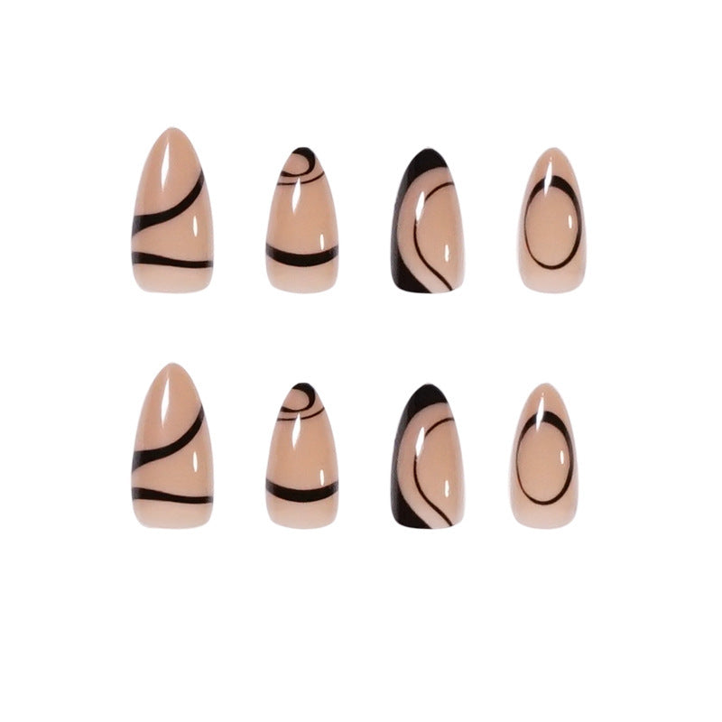 Women's Nude Almond Nail Set with Black Accent Details-Theone Apparel