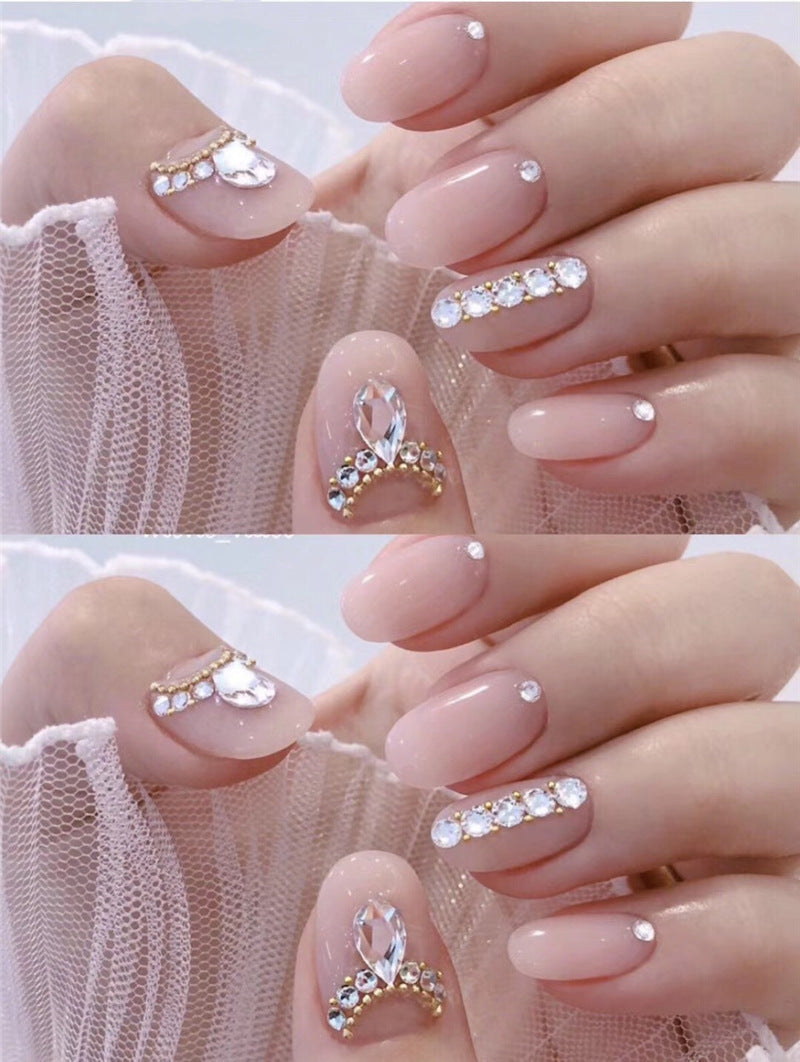 Women's Nude Pink Short Almond Shaped False Nails with Jewel Adornments-Theone Apparel