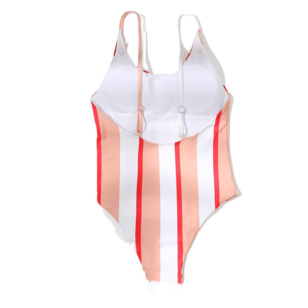 Women's One Piece Orange and Red Vertical Stripe Swimsuit-Theone Apparel