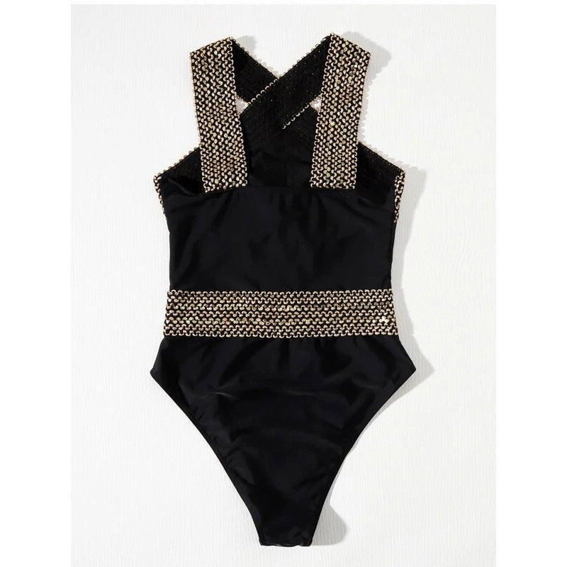 Women's One Piece Solid Color Swimsuit with Golden Trim-Theone Apparel