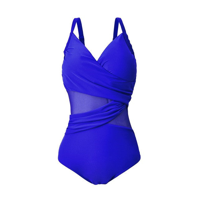 Women's One Piece Swimsuit with Sheer Midriff-Royal Blue-Theone Apparel