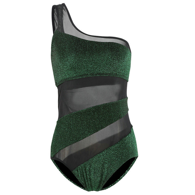 Women's One Piece Swimsuit with Sheer Polka Dot Midriff-Green-Theone Apparel