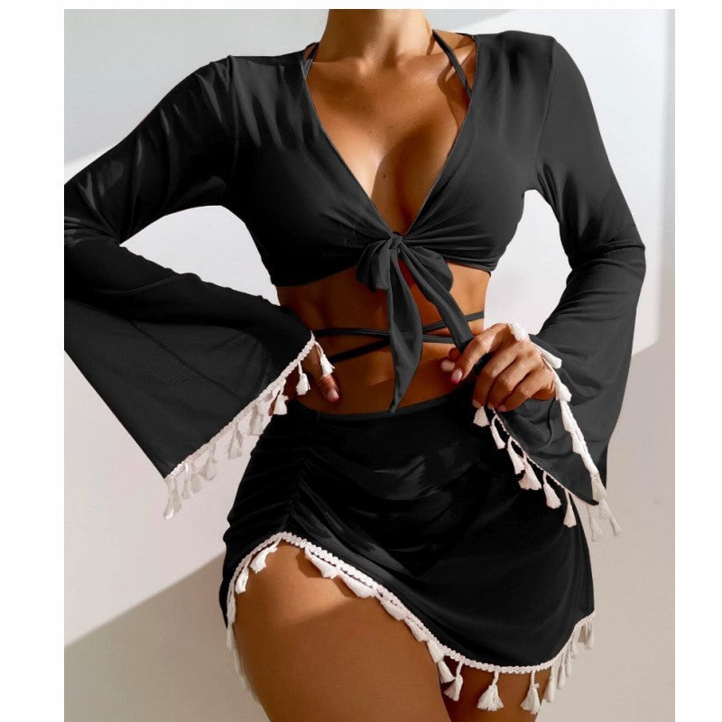 Women's Tassel Fringe Two Piece Long Sleeve Swimsuit Coverup-Black-Theone Apparel