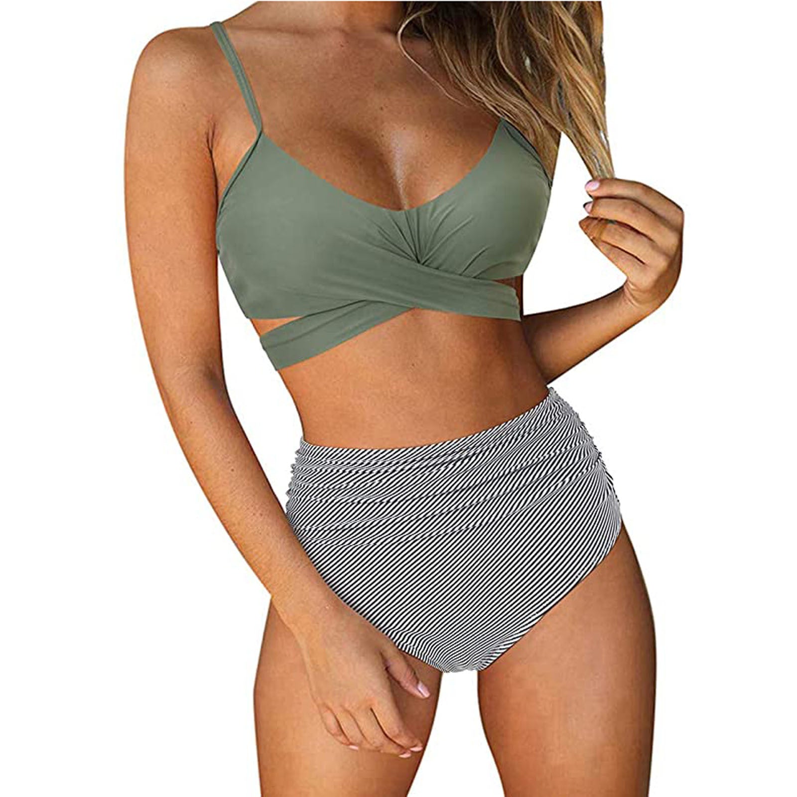 Women's Two Piece Bikini With High Waist Animal Print Bottoms-Green/Grey-Theone Apparel