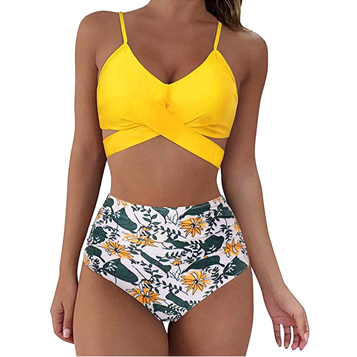 Women's Two Piece Bikini With High Waist Animal Print Bottoms-Yellow/White-Theone Apparel