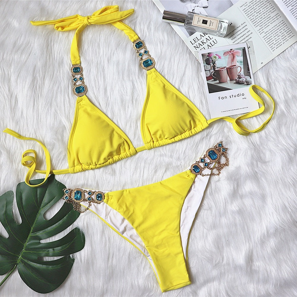 Women's Two Piece Solid Color Bikini with Metal Details-Yellow-Theone Apparel
