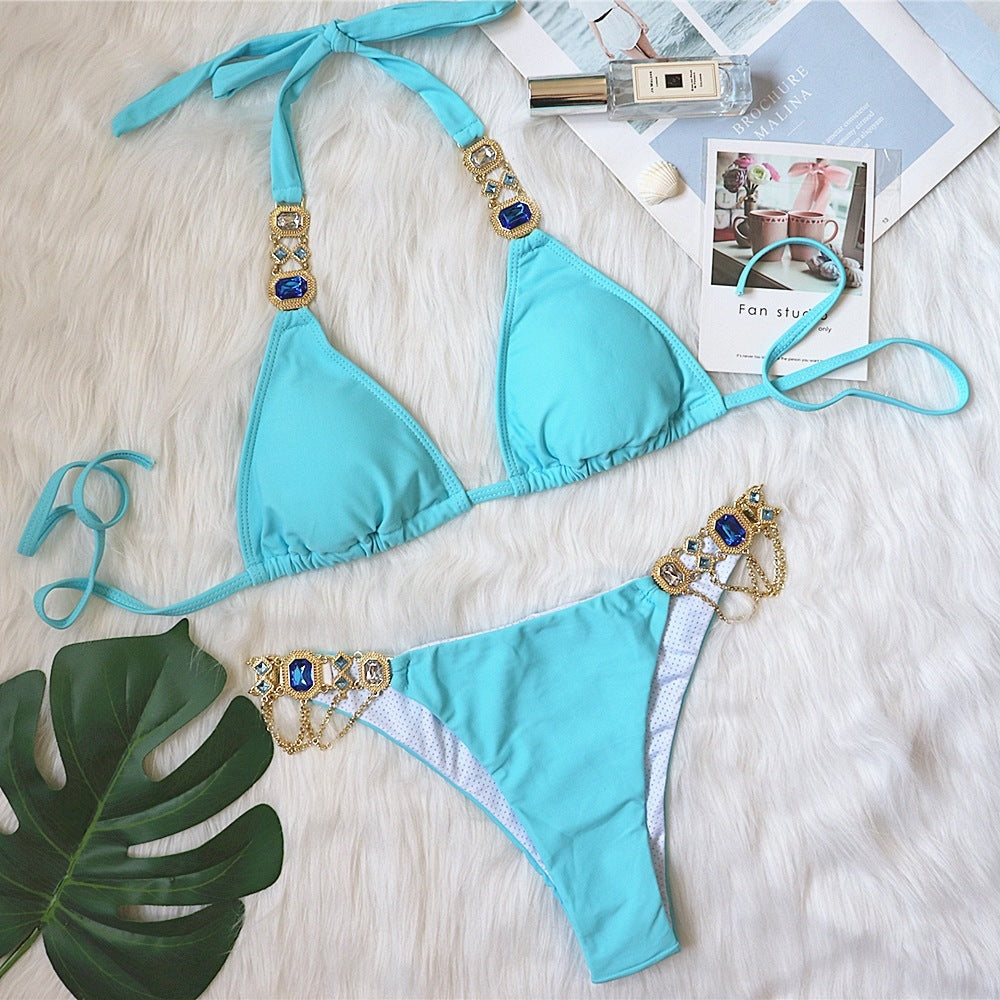 Women's Two Piece Solid Color Bikini with Metal Details-Sky Blue-Theone Apparel