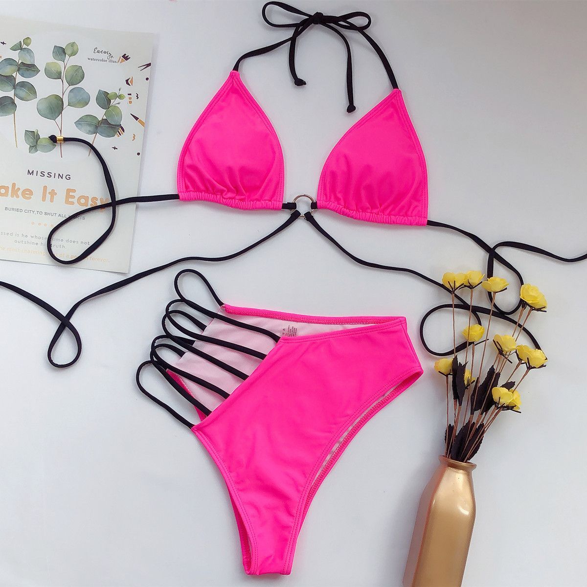 Zikini Color Women's Two Piece Solid Color Bikini with Strappy Hips