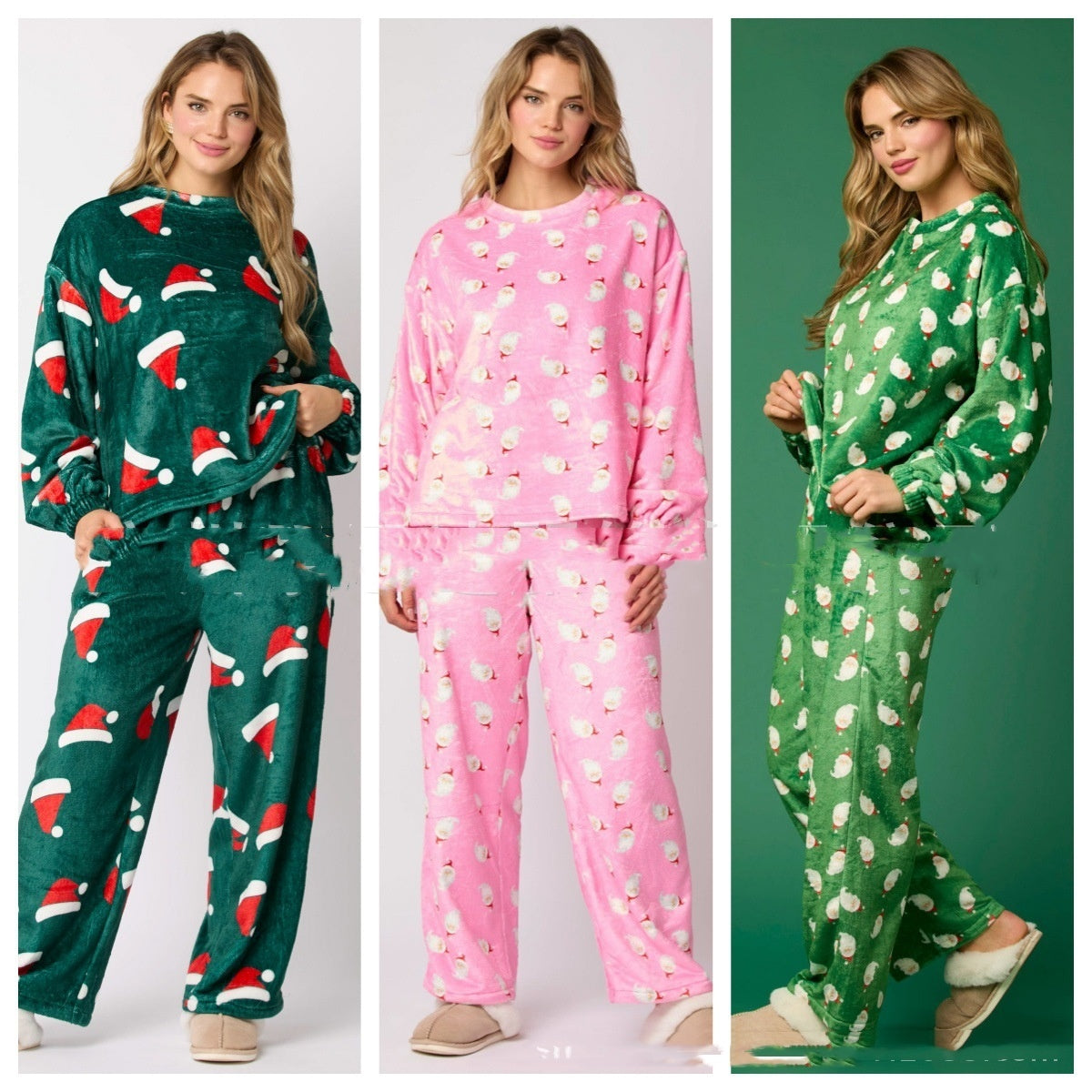 Women's Velvety Santa Hat Patterned Two Piece Pajama Set-Theone Apparel