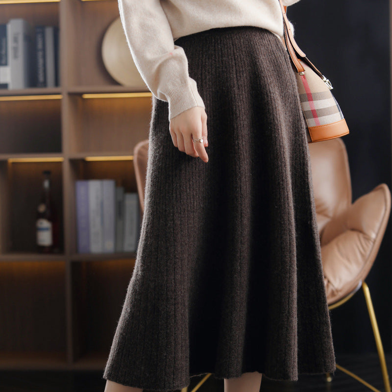 Wool Knitted Cashmere Pleated Skirt For Cozy Elegance-Brown-Theone Apparel