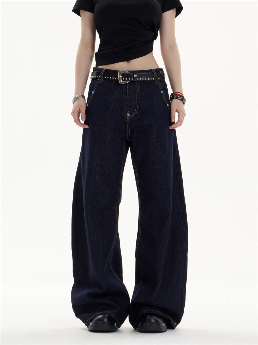 Retro Dark Blue Straight Jeans with Loose Wide-Leg Fit