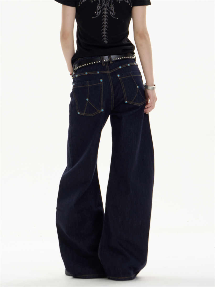 Retro Dark Blue Straight Jeans with Loose Wide-Leg Fit