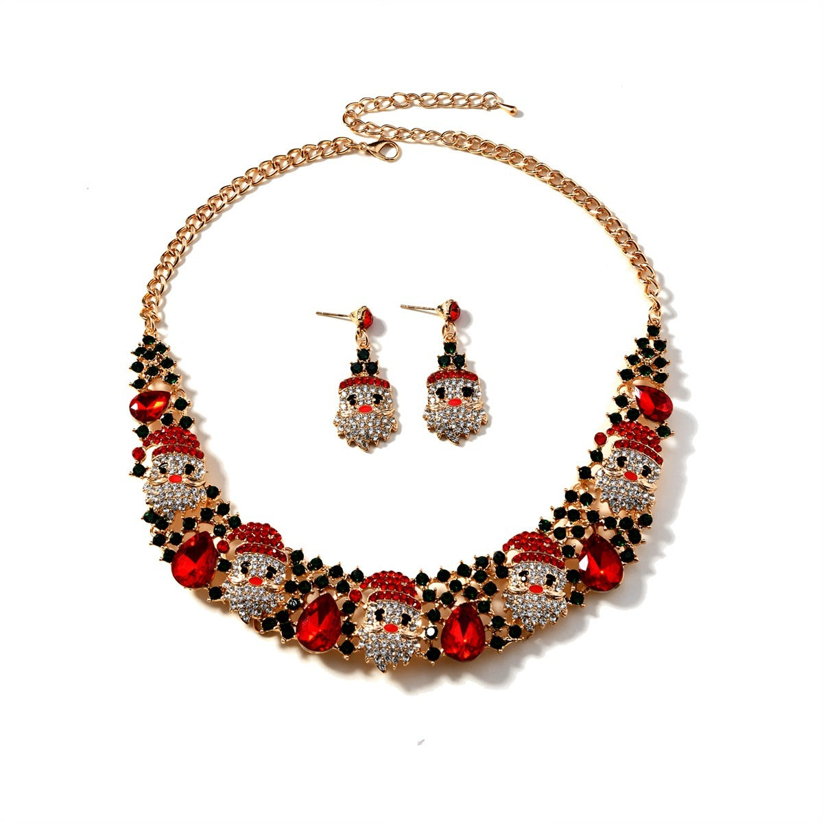 Christmas Santa Claus Rhinestone Collar Necklace & Dangle Post Earrings Set