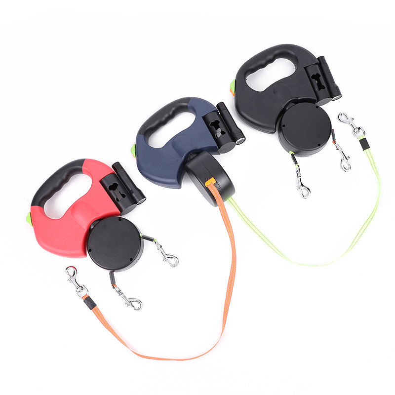 Retractable Reflective Dual Dog Leash With LED Lights
