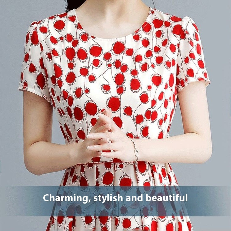 Gaun sutra es polka dot high-end untuk gaya musim panas yang mewah