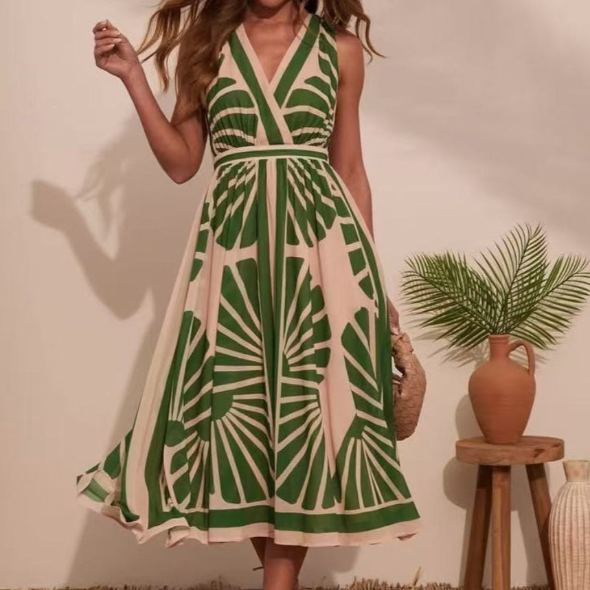 Robe sans dos imprimée en V plostie pour les soirée Summer