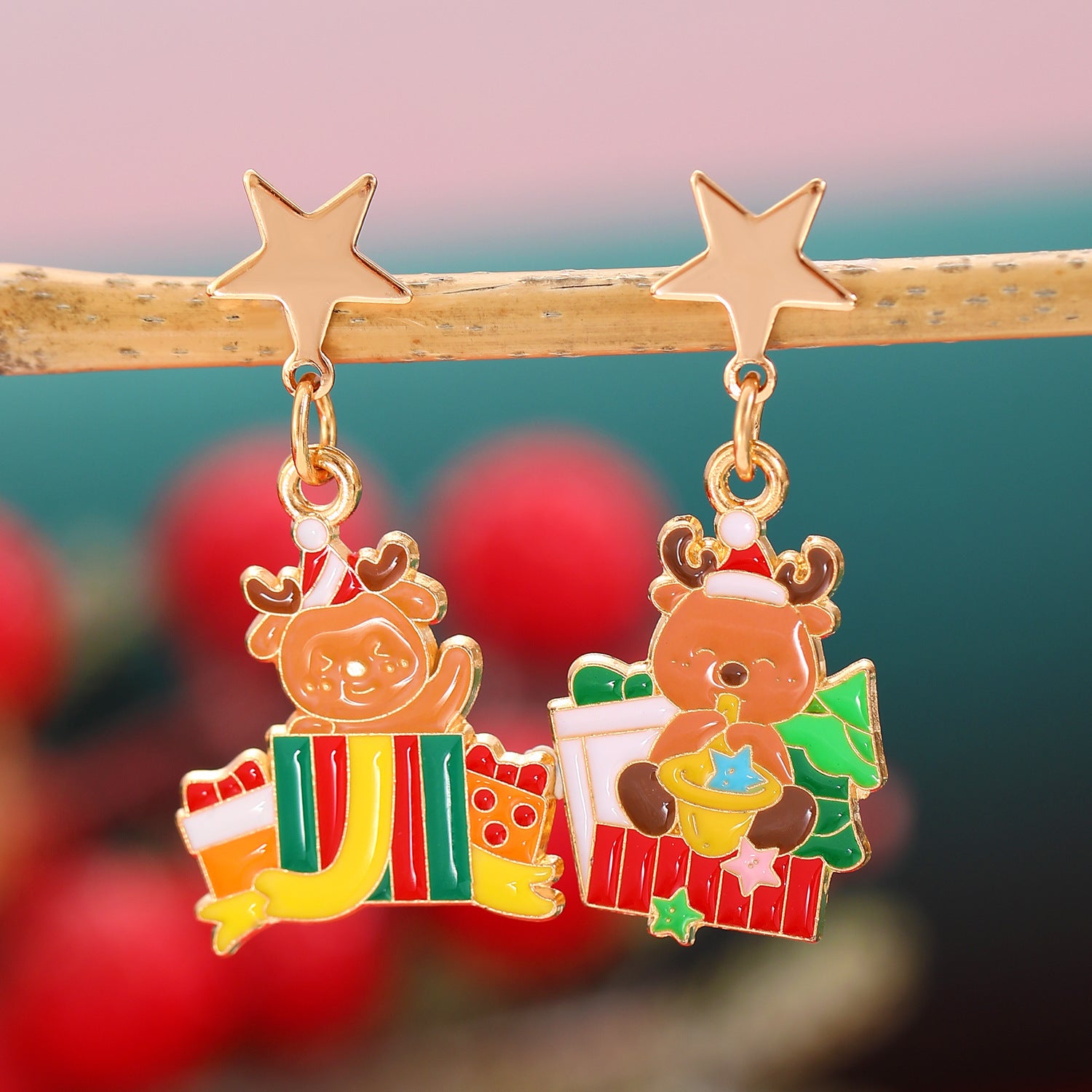 Whimsical Enamel and Metal Stud Back Christmas Themed Drop Earrings