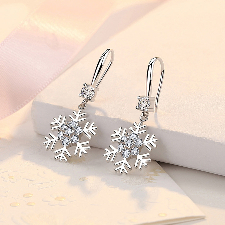 Christmas Winter White Gold-Tone Diamante Rhinestone Snowflake Dangle Earrings