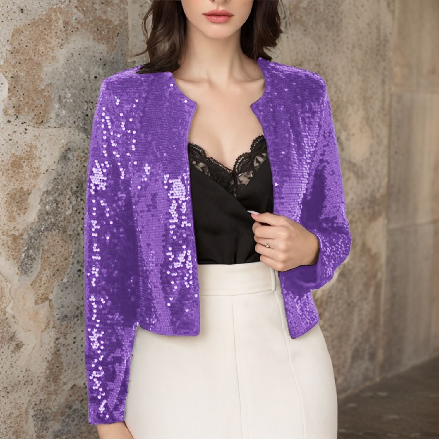 Crew-neck Long-sleeve Solid-color Cardigan Casual Sequin Jacket
