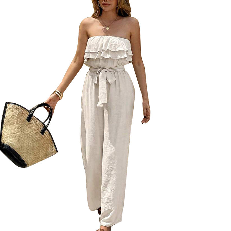 Women's Summer Sleeveless Tube Top Jumpsuit Ruffled Tied Jumpsuit