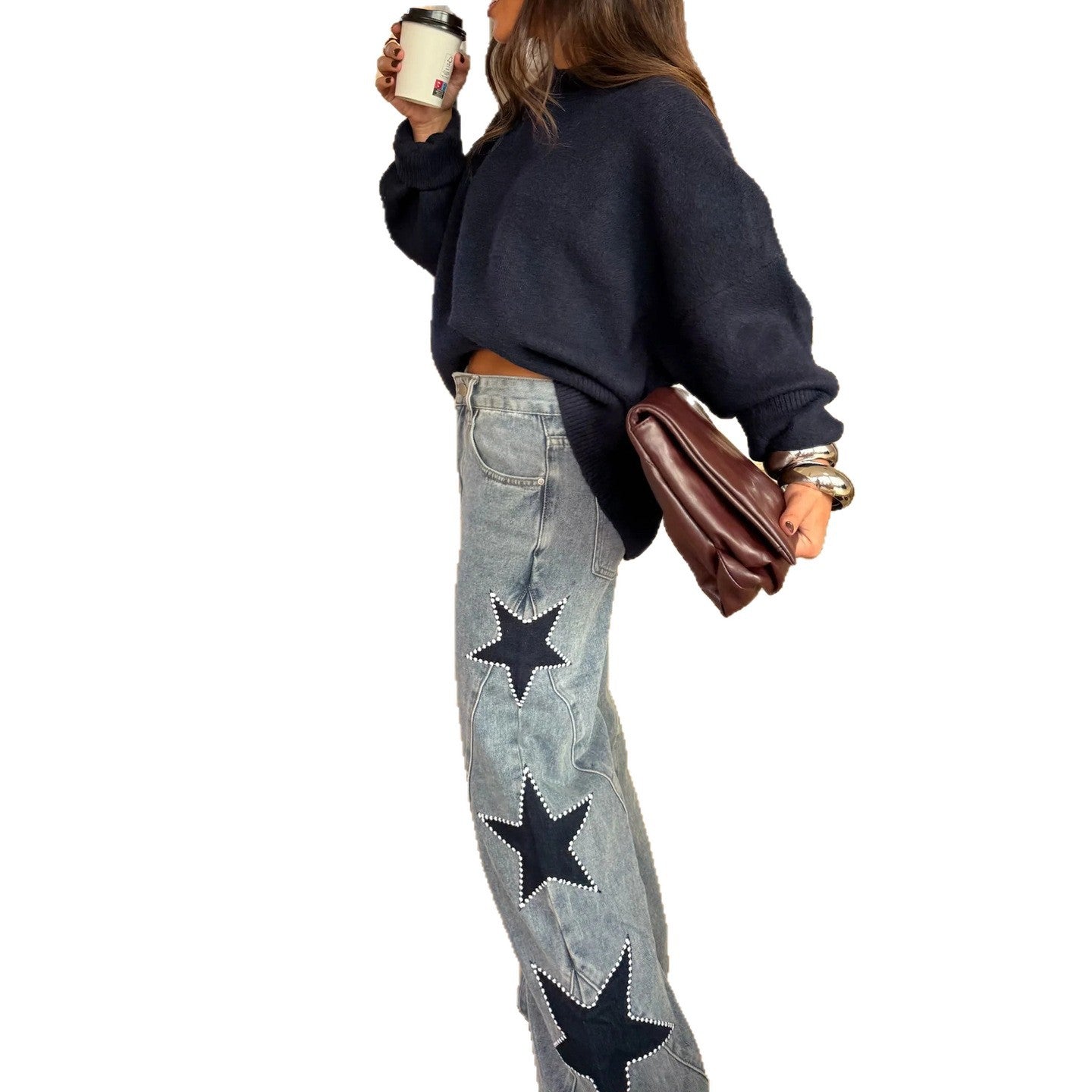Fashion Casual Five-pointed Star Loose Straight Leg Denim Pants