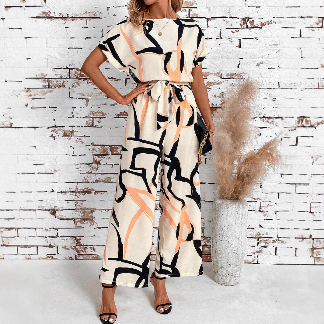 Women's Retro Waist-Cinching Figure-Flattering Elegant Short-Sleeve Printed Jumpsuit