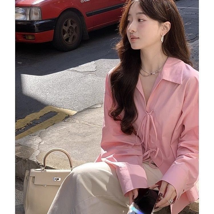 Laid-back Style Bow-Tied Long-Sleeve Shirt