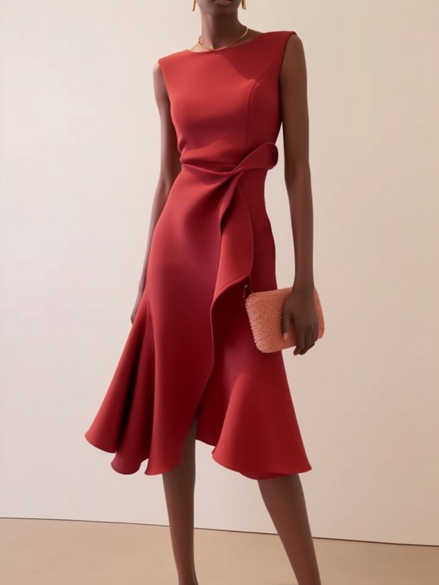 Robe à cou de couches sans manches rouges avec tempérament élégant