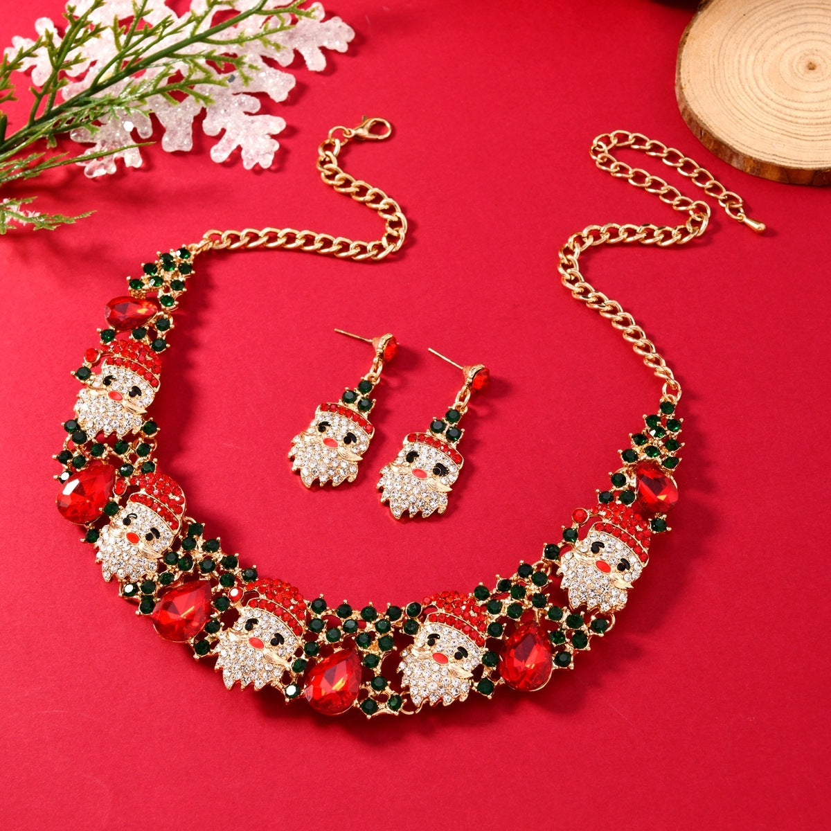 Christmas Santa Claus Rhinestone Collar Necklace & Dangle Post Earrings Set