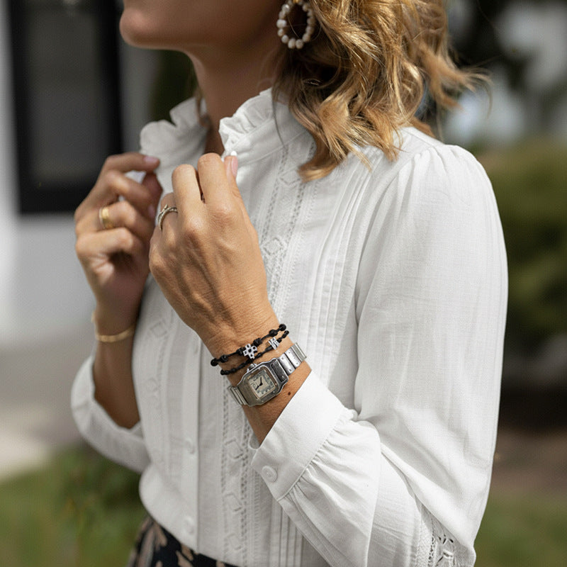 Elegant Lace-trimmed Stand Collar Hollow-out Long-sleeve White Shirt