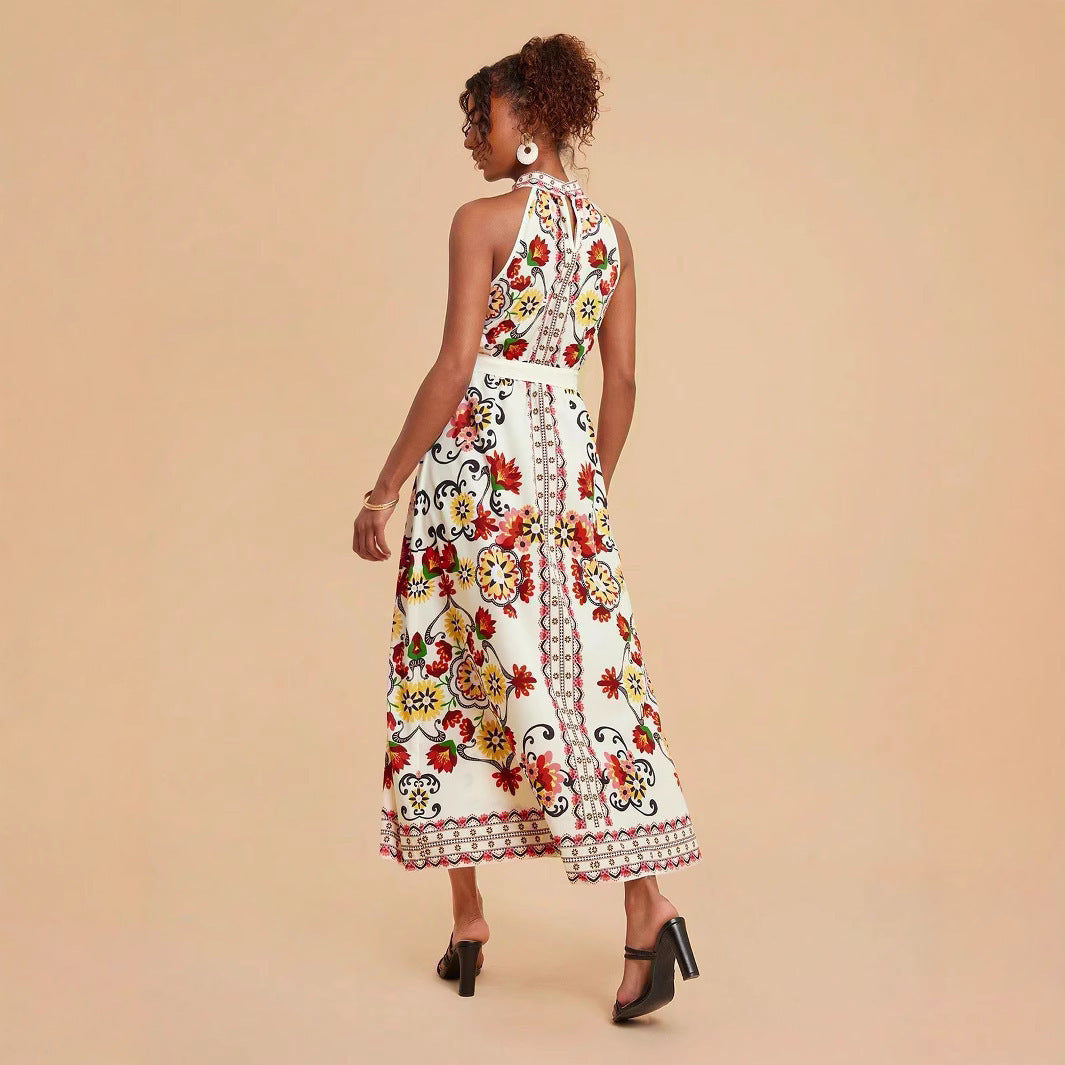 Vestido midi de estampado floral romántico con acentos sin mangas con cordones