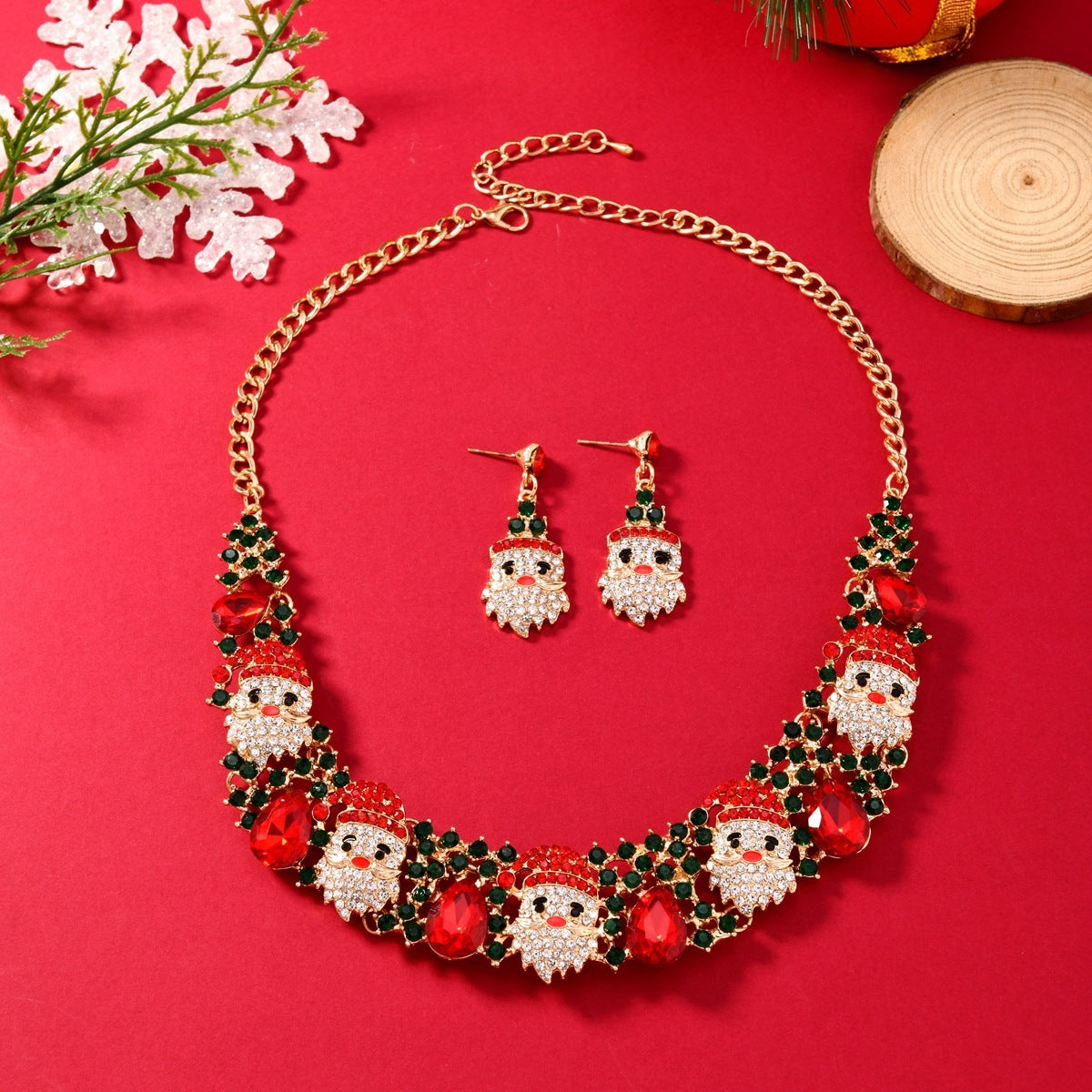 Christmas Santa Claus Rhinestone kraag ketting en bengelende post oorbellen set