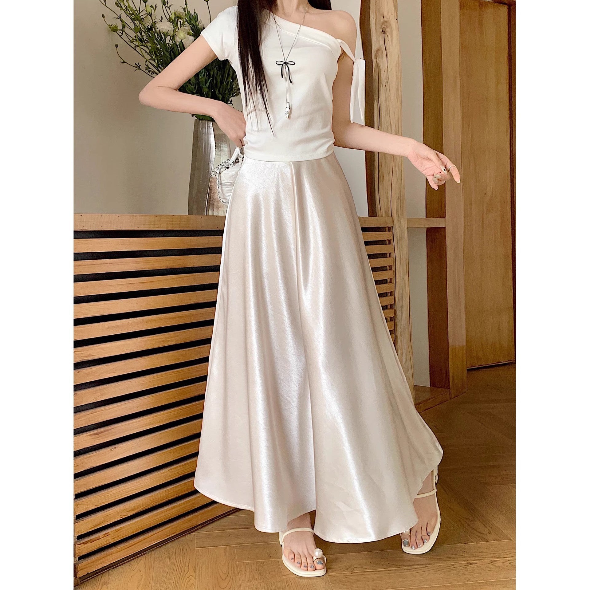 Acetate Satin Draped Skirt For Casual Versatile Styling