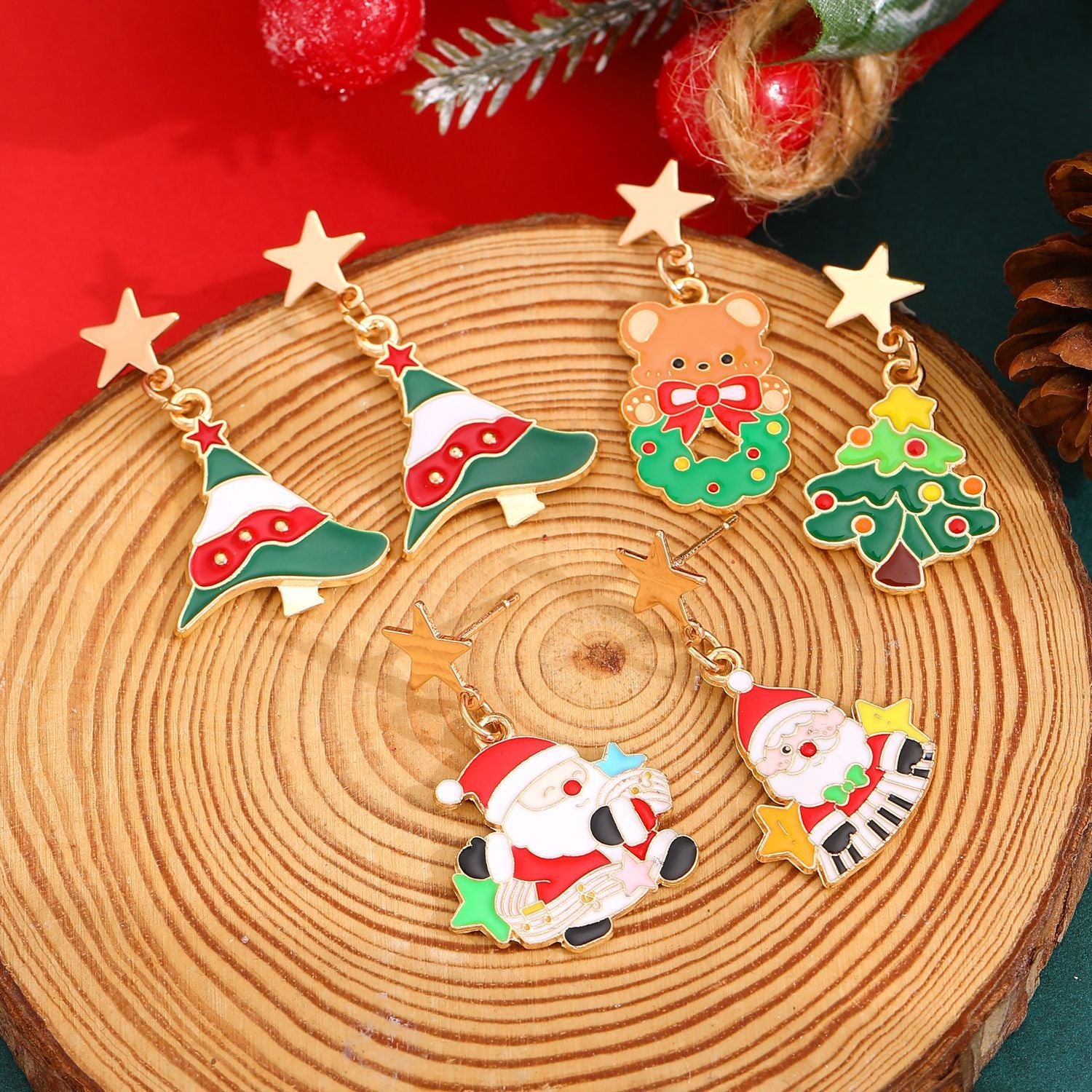 Whimsical Enamel and Metal Stud Back Christmas Themed Drop Earrings