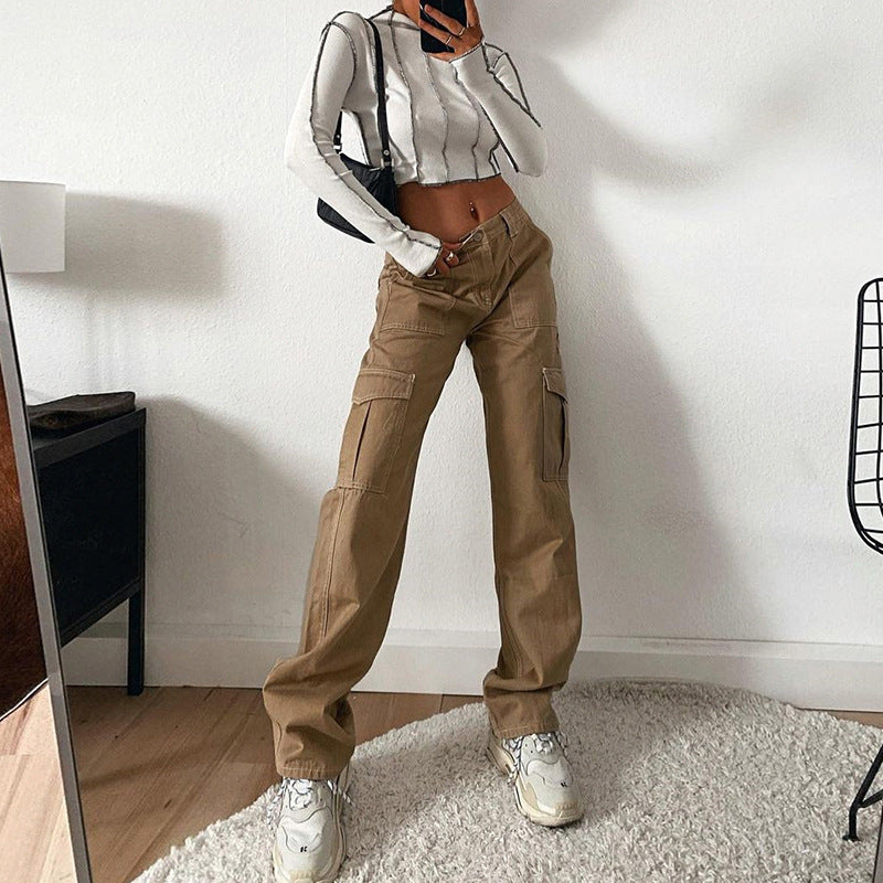 Workwear-geïnspireerde multi-pocket hoog-taille rechte jeans