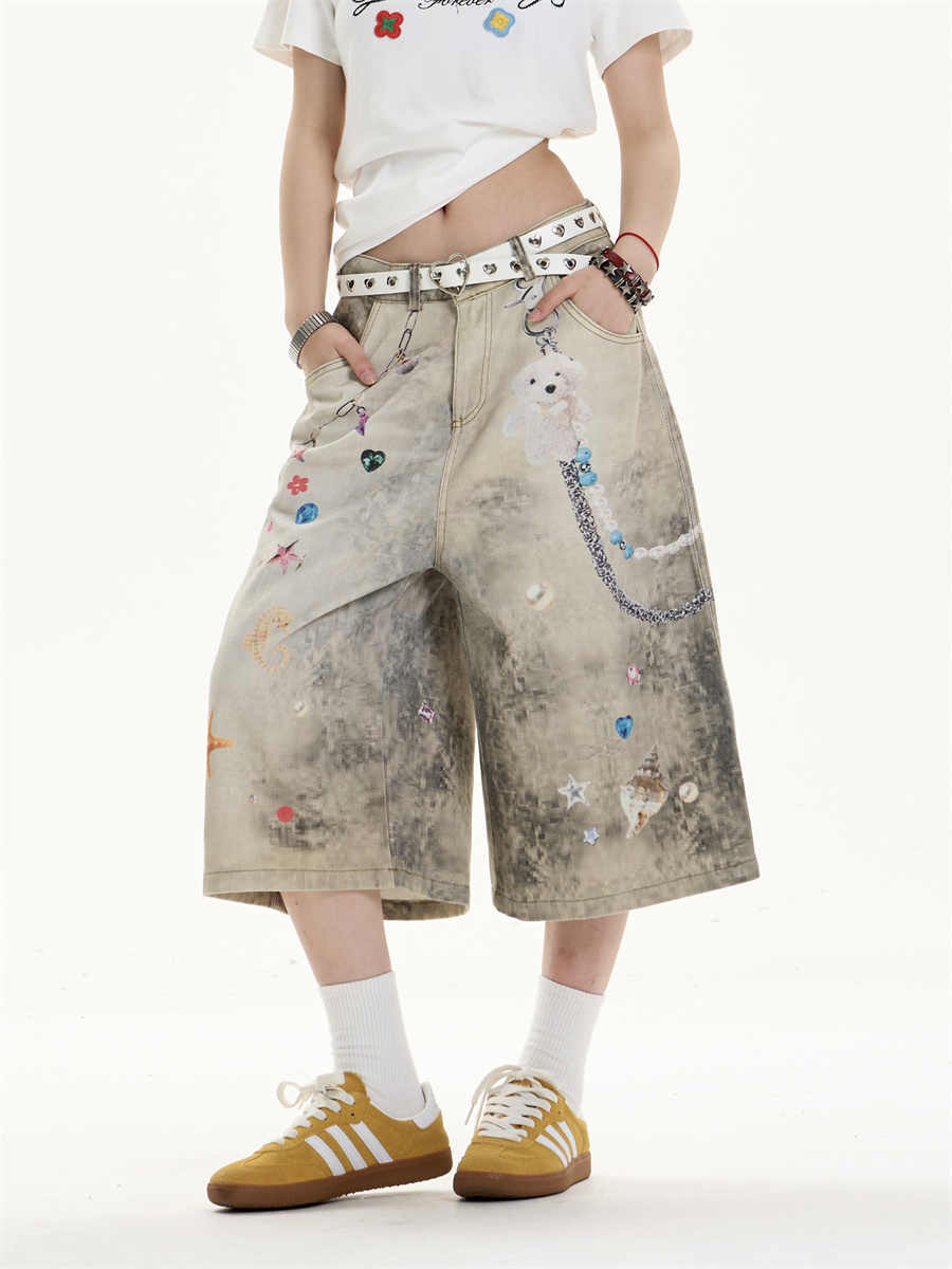 Creative Cropped Wide-Leg Jeans with Printed Art Flourish