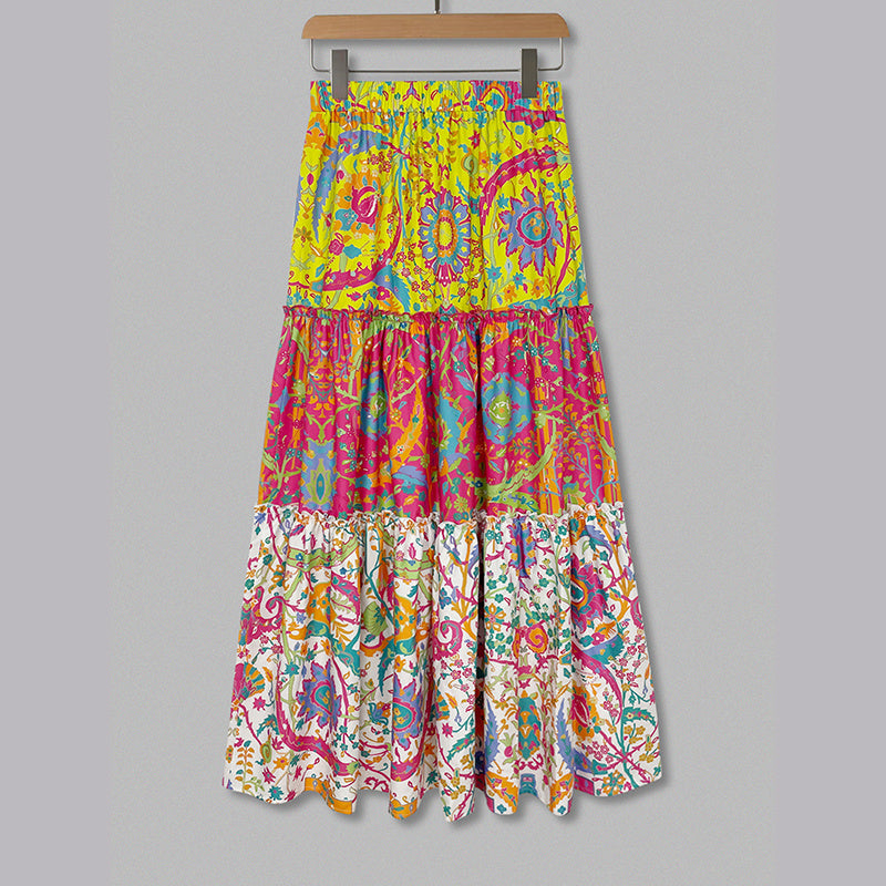 Color Block Floral Maxi Skirt With Elastic Drawstring Waist