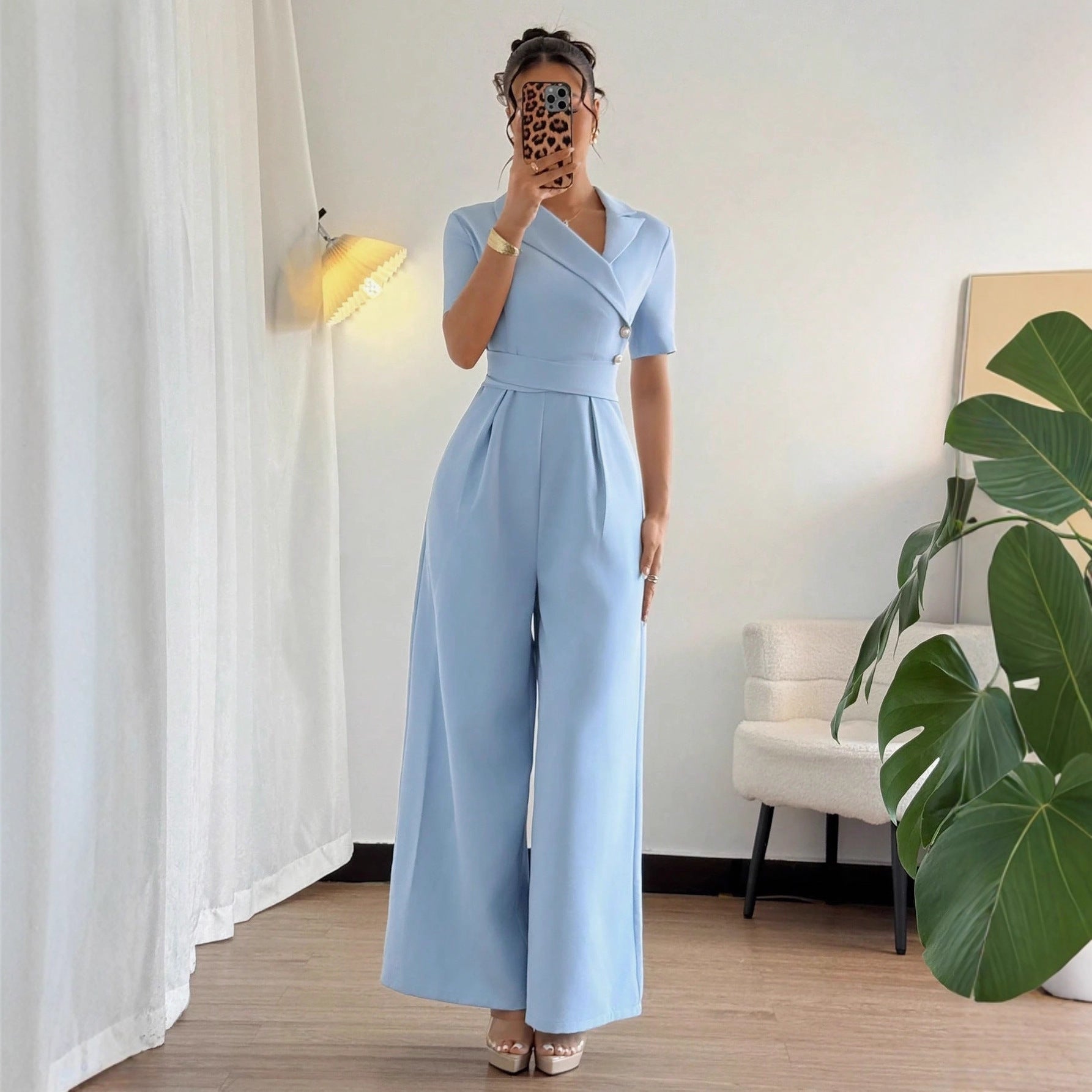 Women's Blue Off-shoulder Belted Slim-fit Jumpsuit