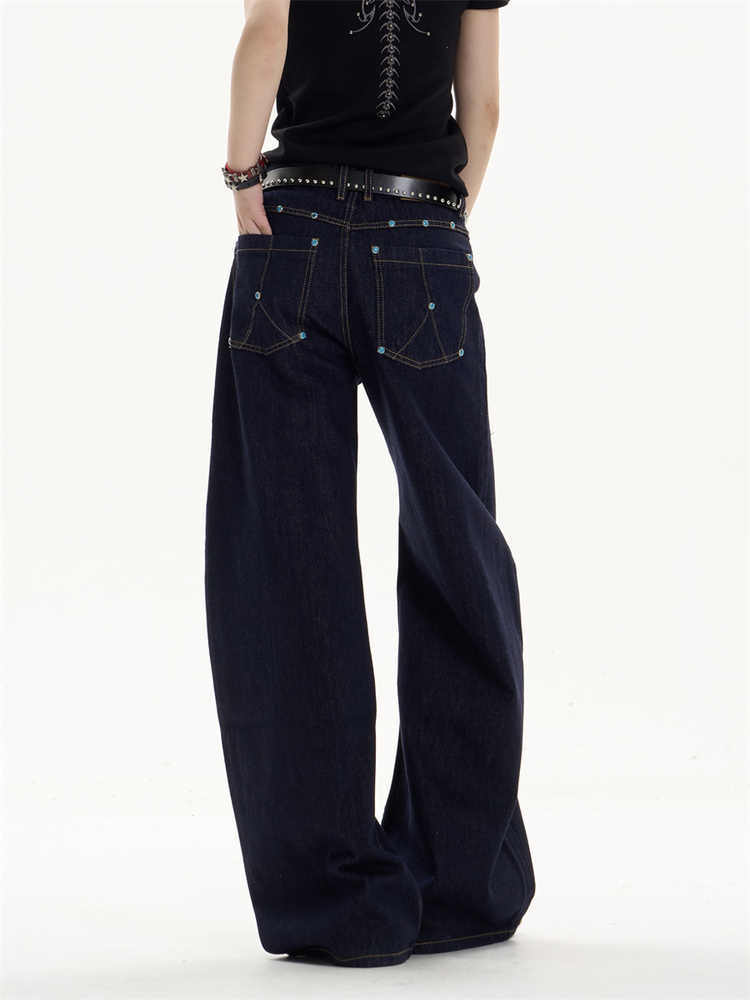 Retro Dark Blue Straight Jeans with Loose Wide-Leg Fit