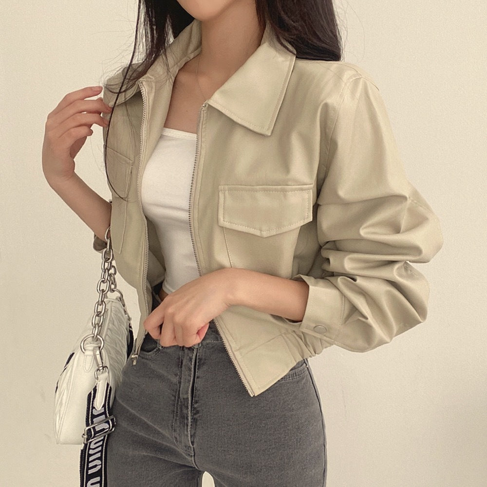 Double Pocket Lapel Leather Coat Leather Jacket Coat