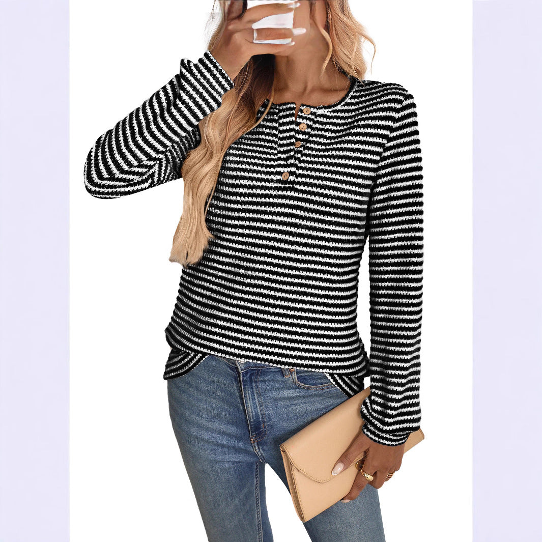 European And American Pineapple Grid Casual Button Round Neck T-shirt Knitted Long Sleeve