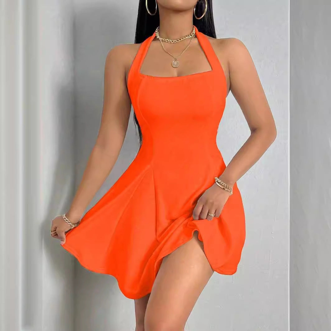 Pure-Color Halter Backless Sleeveless Dress for Chic Minimalism