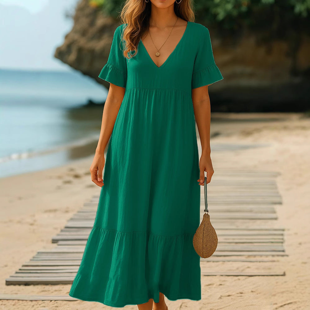 Vestido de cor sólido de pescoço em V com detalhes em costura multicolorida