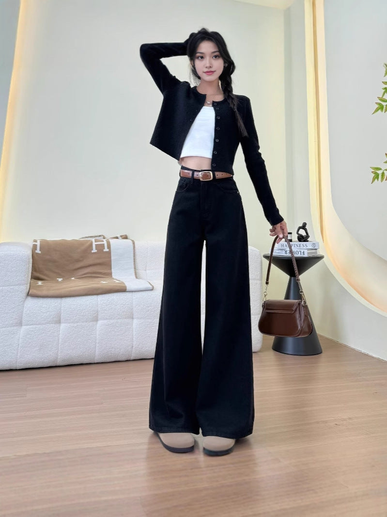 Jeans leg lebar pinggang tinggi retro untuk gaya sehari-hari