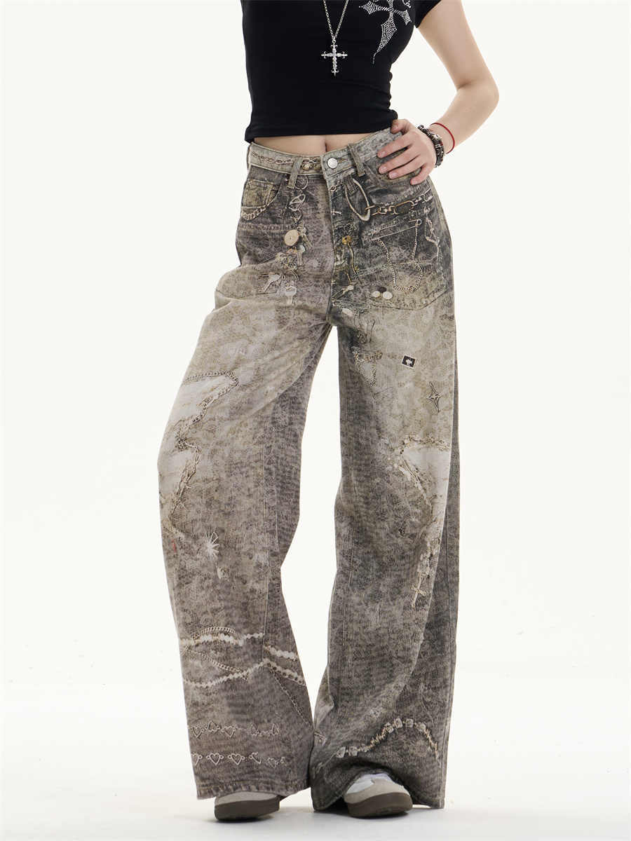 Jeans retrò logori lavati con fascino rilassato a gamba larga
