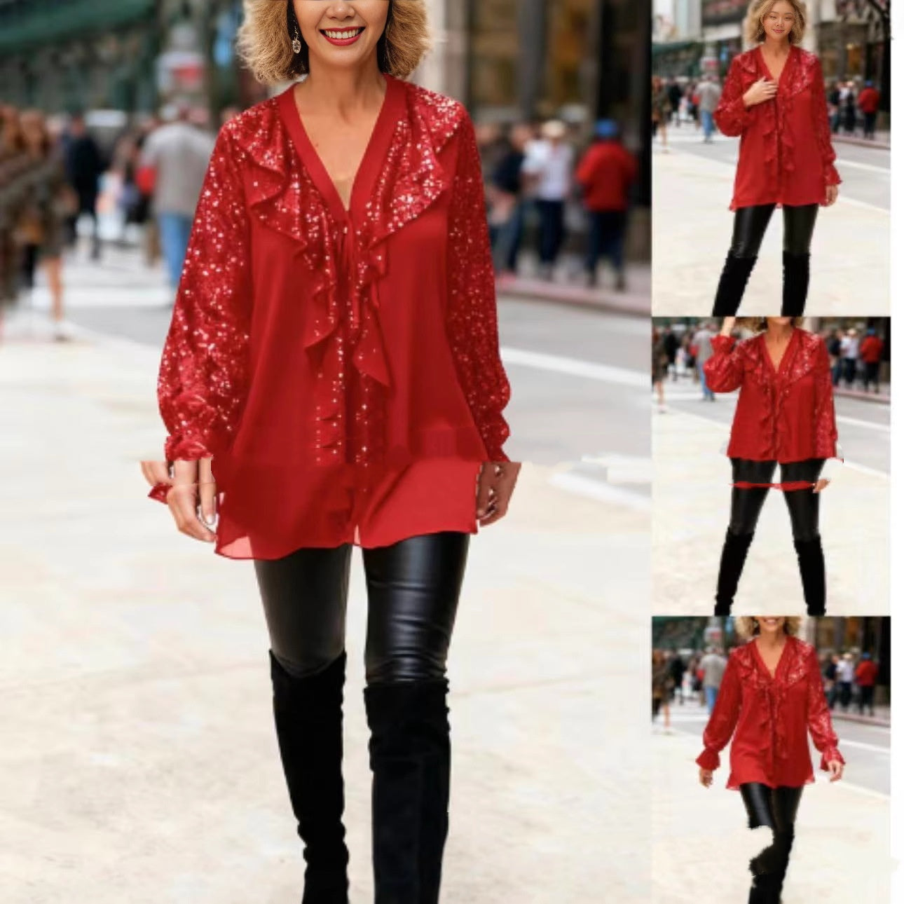 Sequin Patchwork Women's Round Neck Loose Women's Top Versatile